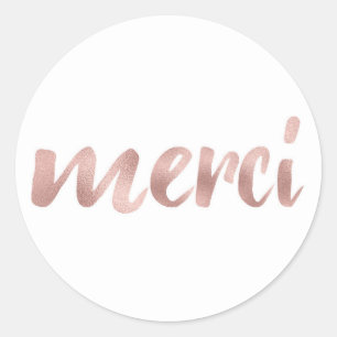 Rose gold merci stickers, foil font classic round sticker