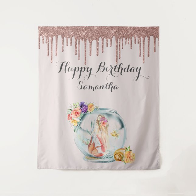 Rose Gold Mermaid Birthday Backdrop Photo Booth Tapestry (Front)
