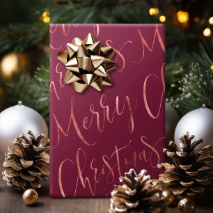 Rose Gold Merry Christmas Calligraphy burgundy Wrapping Paper