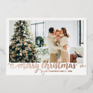 Rose Gold Merry Christmas Heart Script Photo Foil Holiday Card