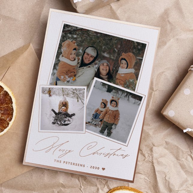 Rose gold Merry Christmas script 3 photo collage  Foil Holiday Card (Creator Uploaded)
