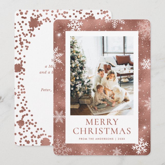 Rose Gold Merry Christmas Snowflake Snow Photo Holiday Card (Front/Back)