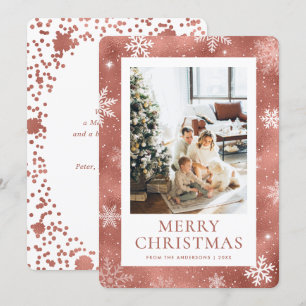 Rose Gold Merry Christmas Snowflake Snow Photo Holiday Card