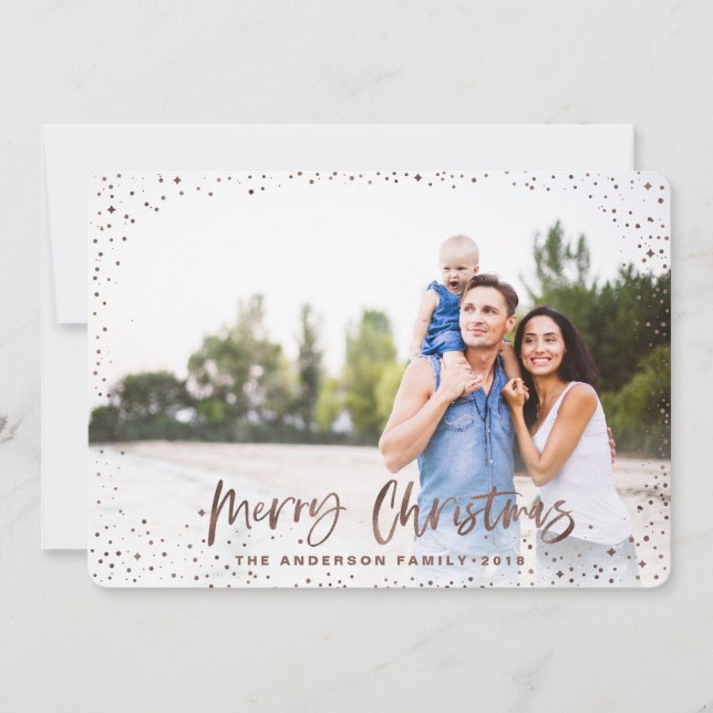 Rose gold merry Christmas stars photo holiday card (Front)