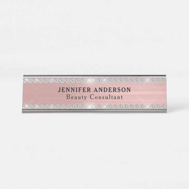 Rose Gold Metal And Glitter Diamond  Desk Name Plate (Front)