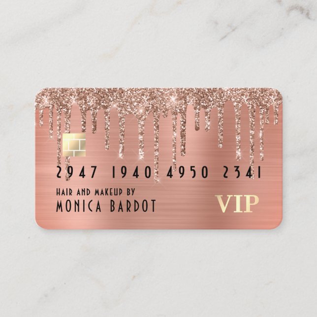 Rose Gold Metal And Glitter Drip Faux Credit Card (Front)