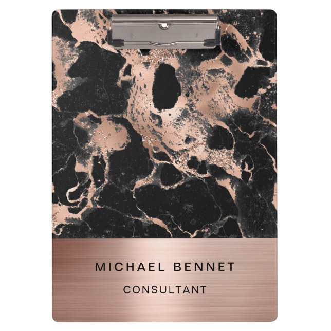 Rose Gold Metal Black Marble Consultant Business Clipboard (Front)