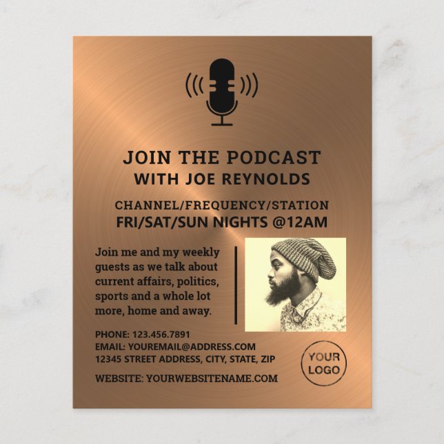 Rose Gold Metal Effect, Podcaster, Podcast Flyer (Front)