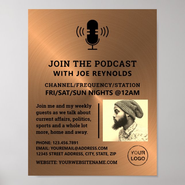 Rose Gold Metal Effect, Podcaster, Podcast Poster (Front)