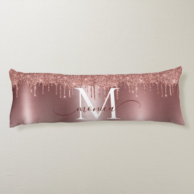 Rose Gold Metal Glitter Drips Monogram Name Body Cushion (Back)