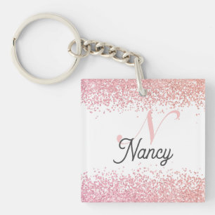 Rose Gold Metal Glitter Monogram Name Key Ring
