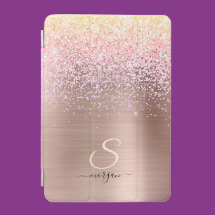 Rose Gold Metal, Glitter, Script Name & Initial iPad Mini Cover