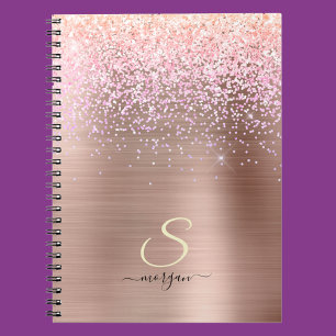 Rose Gold Metal, Glitter, Script Name & Initial Notebook