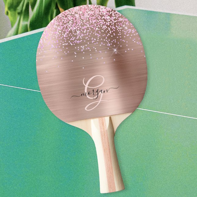 Rose Gold Metal, Glitter, Script Name & Monogram Ping Pong Paddle (Creator Uploaded)
