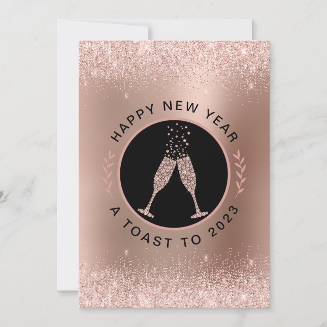 Rose Gold Metallic Blush Glitter Happy New Year Holiday Card (Front)