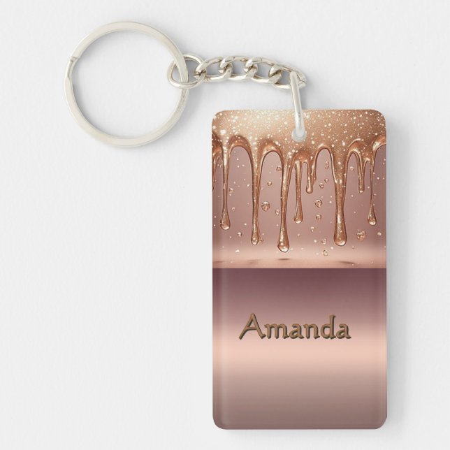 Rose Gold Metallic Dripping Liquid With Glitter Key Ring (Front)
