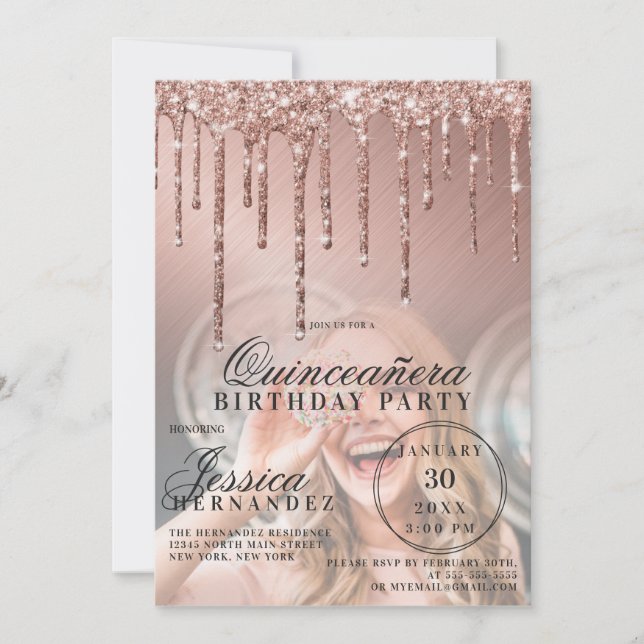 Rose Gold Metallic Glitter Drips Photo Quinceañera Invitation (Front)