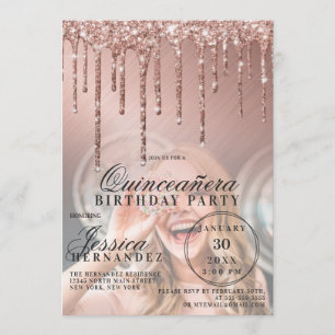 Rose Gold Metallic Glitter Drips Photo Quinceañera Invitation