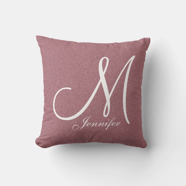 Rose gold metallic glitter white Monogram Cushion (Front)
