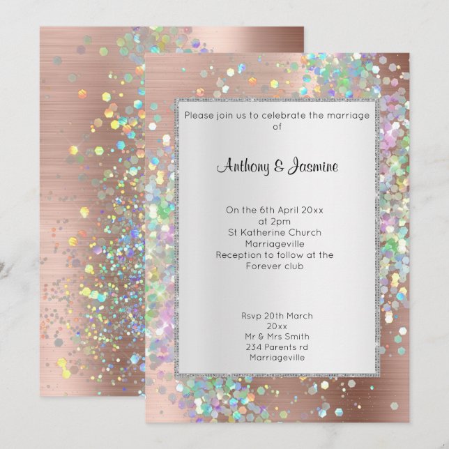 ROSE GOLD METALLIC HOLOGRAPHIC PASTEL WEDDING INVITATION (Front/Back)