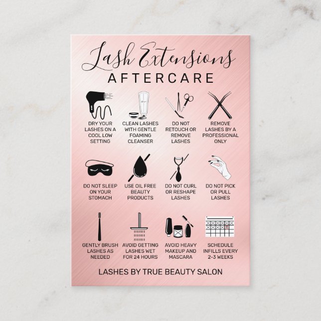 Rose Gold Metallic Lash Extensions Aftercare Icon Business Card (Front)