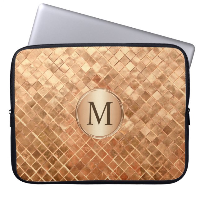 Rose Gold Metallic-Look Pattern with Monogram Laptop Sleeve (Front)