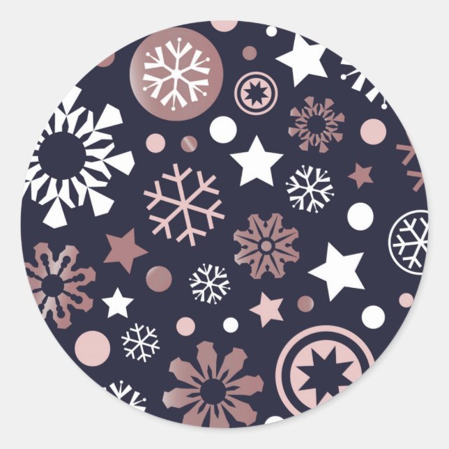 Rose gold metallic snowflakes, winter seasonal classic round sticker (Front)