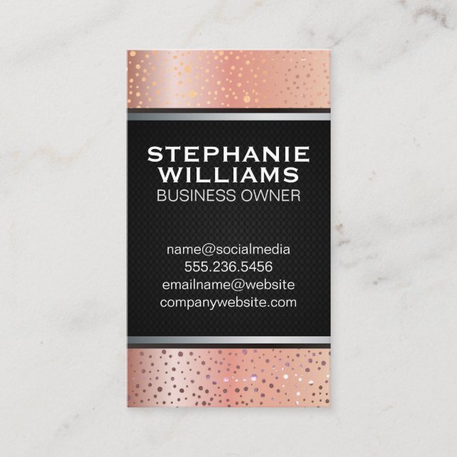Rose Gold Metallic Specks | Black Mesh | Silver Business Card (Front)