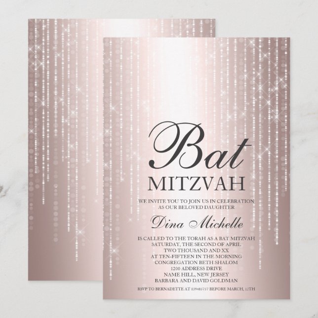 Rose gold metallic string lights chic Bat Mitzvah Invitation (Front/Back)