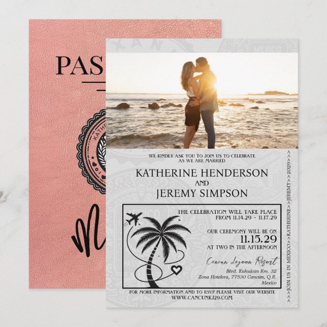 Rose Gold Mexico Passport Wedding Invitation (Front/Back)