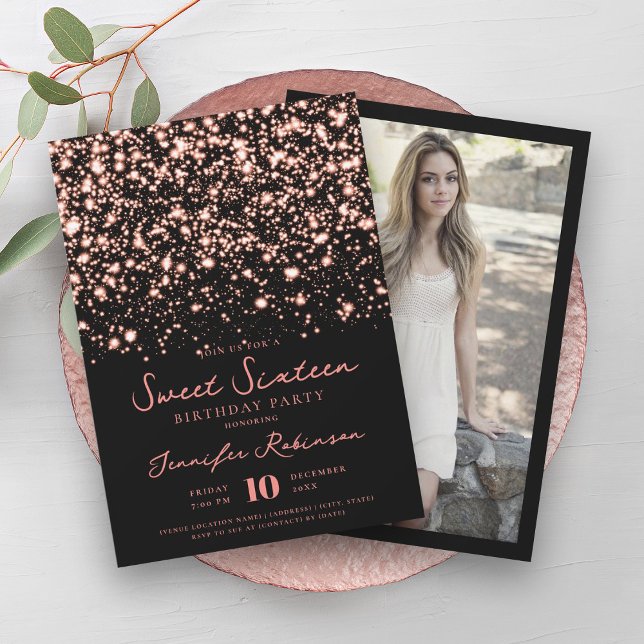 Rose Gold Midnight Glam Photo Sweet 16 Invitation (Rose Gold Midnight Glam Photo Sweet 16 Invitation)