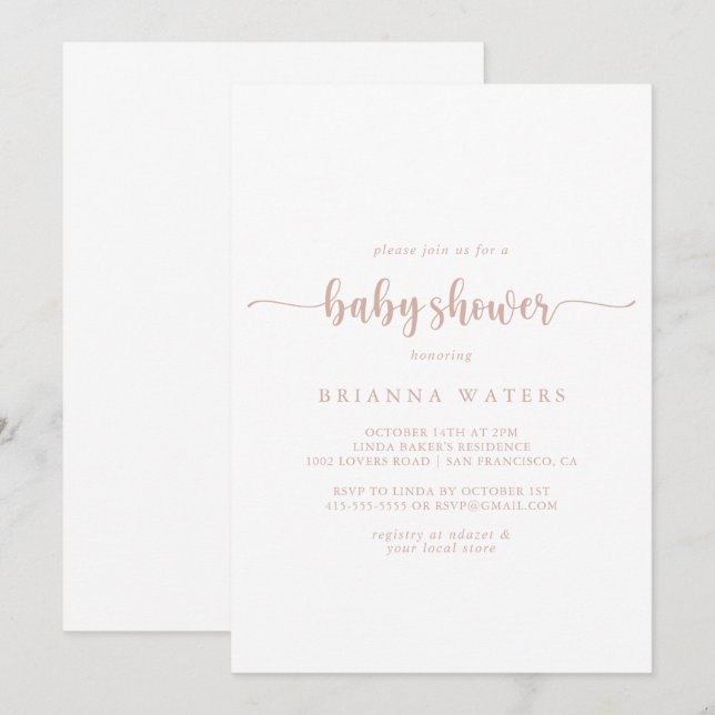 Rose Gold Minimalist Calligraphy Baby Shower  Invitation (Front/Back)