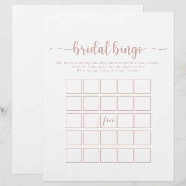 Rose Gold Minimalist Calligraphy Bridal Bingo Game (Front/Back)