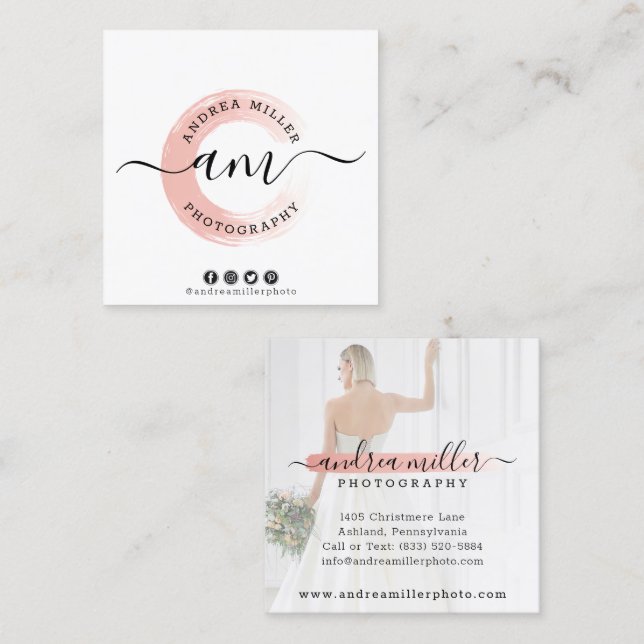 Rose Gold Minimalist Paint Swash Logo Custom Photo Square Business Card (Front/Back)