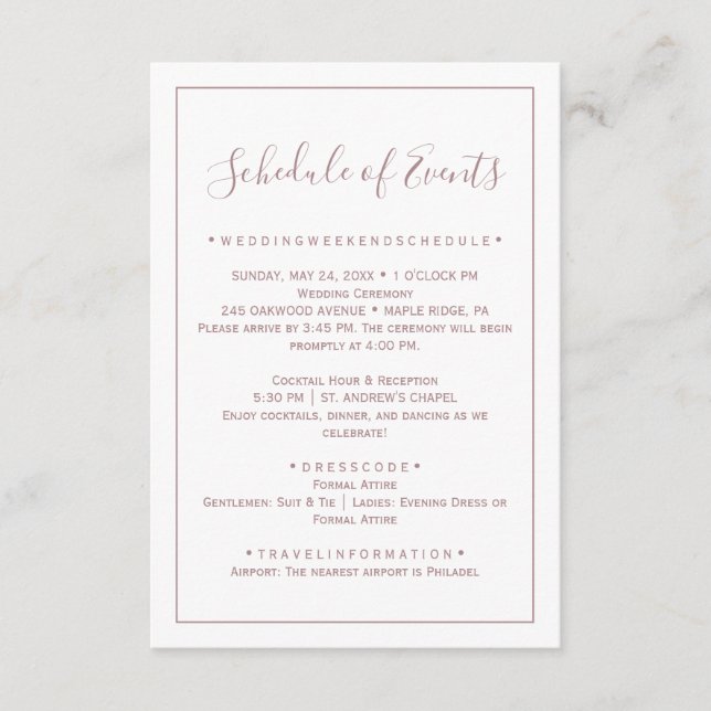 Rose Gold Minimalist Wedding Schedule Card (Front)