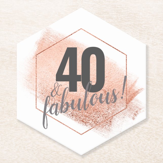 Rose Gold Minimalistic 40s Birthday Hexagon Paper Coaster (Front)