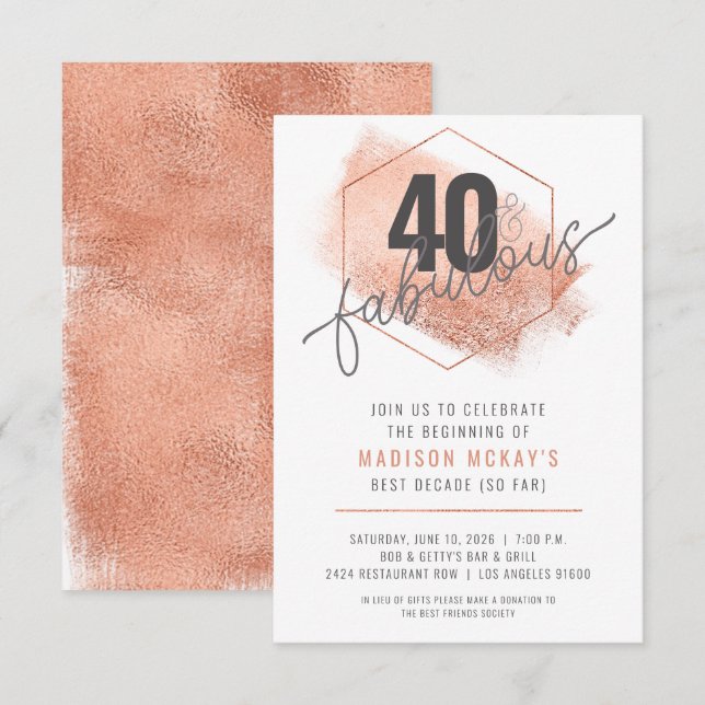 Rose Gold Minimalistic 40th Birthday Invitation (Front/Back)