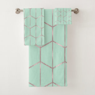 Rose Gold & Mint Chic Hexagon Geometric Glam Bath Towel Set