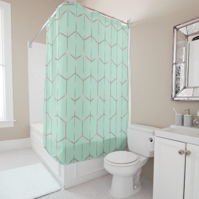 Rose Gold & Mint Chic Hexagon Geometric Glam Shower Curtain (In Situ)