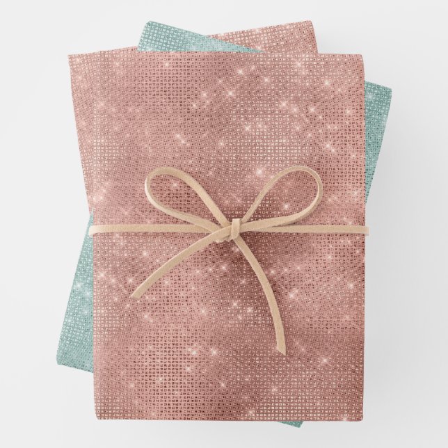 Rose Gold Mint Green Christmas Sparkle  Wrapping Paper Sheet (In situ)