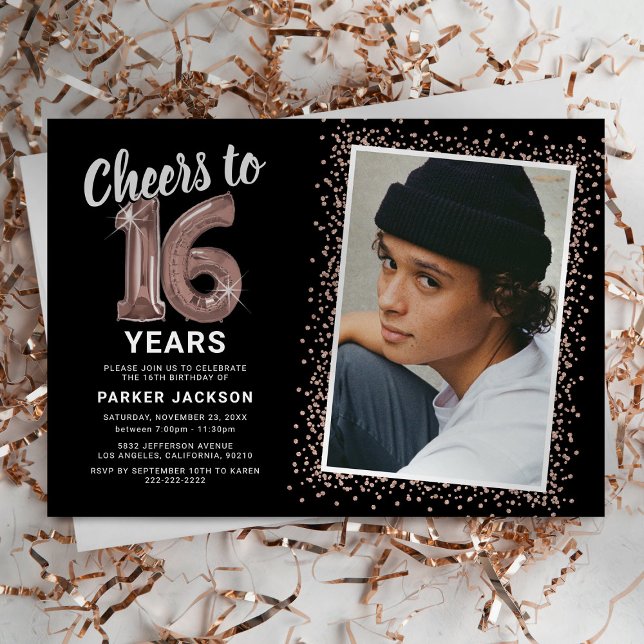Rose Gold Modern 16th Birthday Photo Invitation (Creator Uploaded)