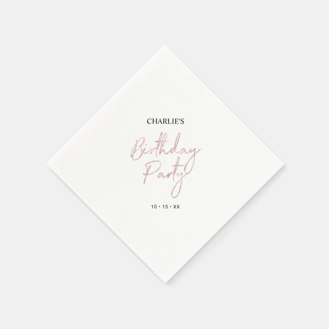Rose Gold Modern Brush Script Adult Birthday Party Napkin (Corner)
