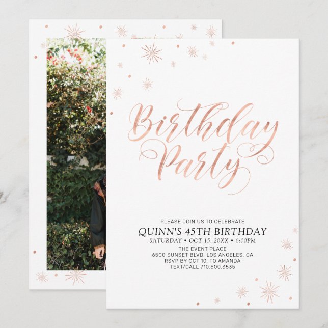 Rose Gold Modern Chic Adult Birthday Party Invitation (Front/Back)