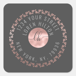 Rose gold modern circle monogram return address square sticker