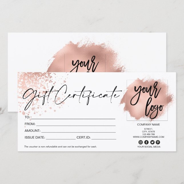 rose gold  modern gift card certificate add logo (Front/Back)
