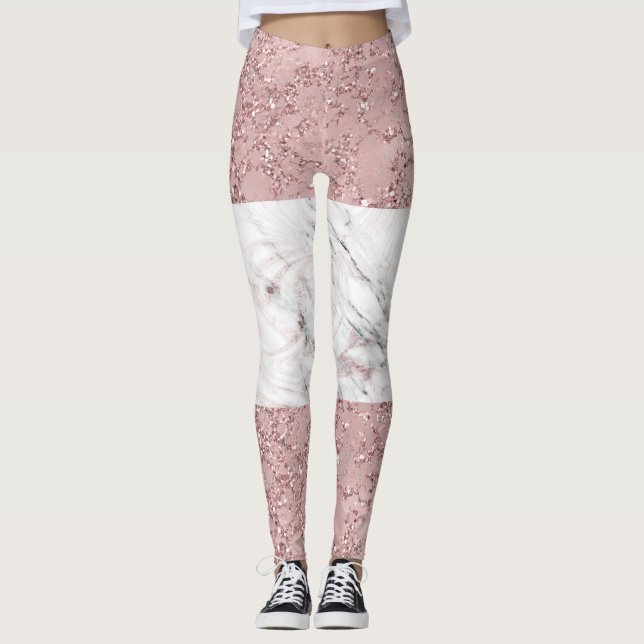 Rose Gold Modern Glam Marble & Glitter Decorative Leggings (Front)