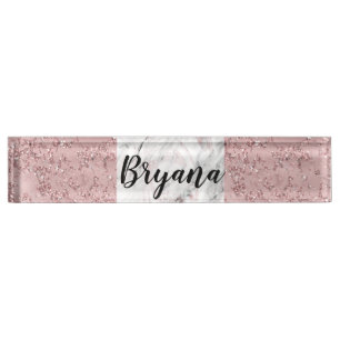 Rose Gold Modern Glam Marble & Glitter Decorative Nameplate