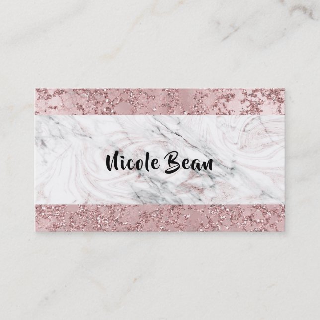 Rose Gold Modern Glam Marble & Glitter Glamour Business Card (Front)
