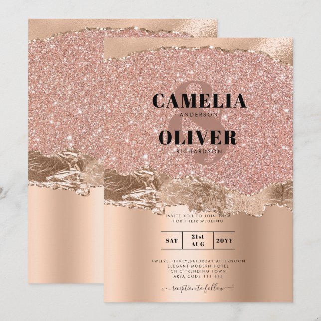 Rose Gold Modern Glamour Wedding Invite (Front/Back)
