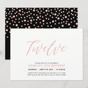 Rose Gold Modern Lettering 12th Birthday Party Invitation